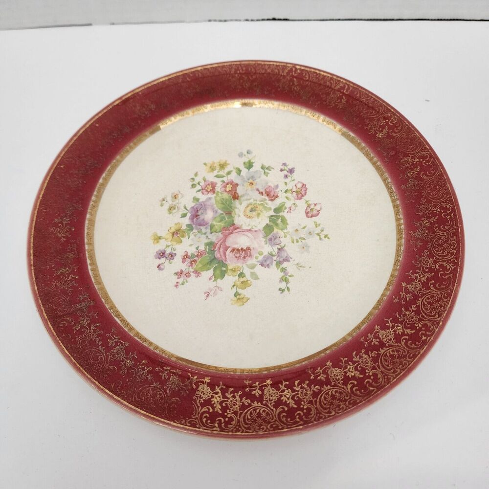 Salem China Century Dinner Plate Maroon 23 Karat Encrusted Gold 10" Vtg READ